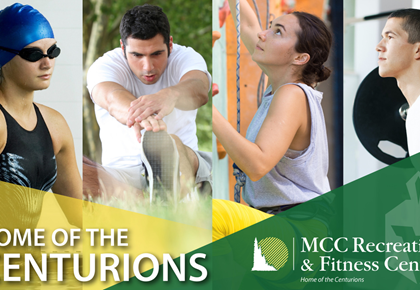 MCC's Fitness Center Banner with swimmer, person stretching, person rock climbing and person lifting weights